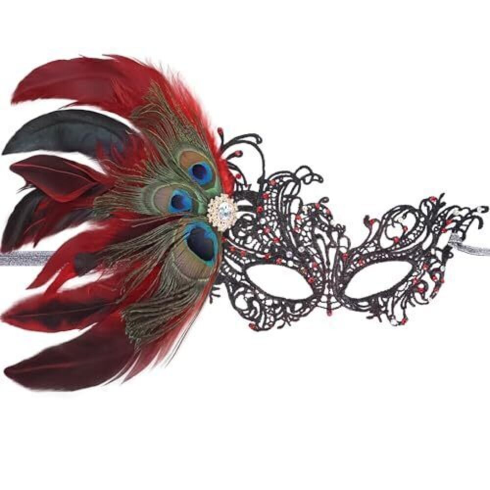 5209 Red Masquerade Masks - Peacock Feather Lace Mask with Lace Shiny